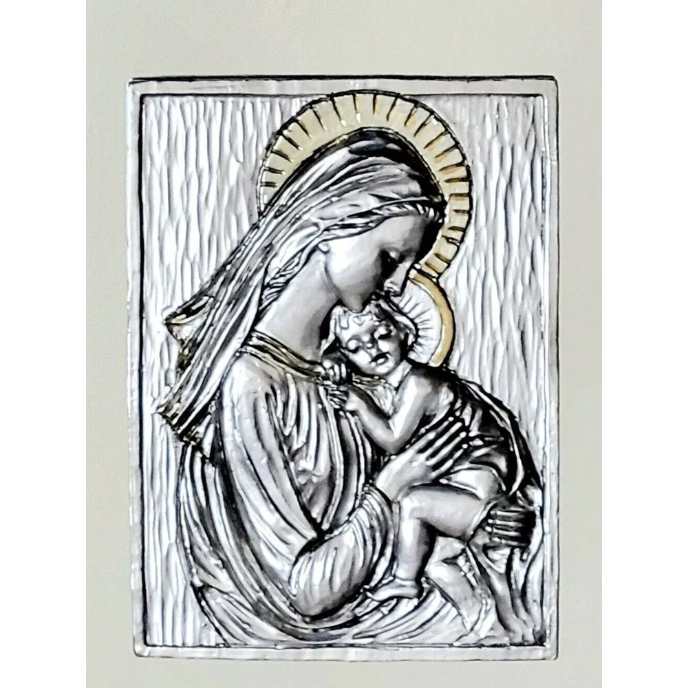 925K Sterling Blessed Mother & Child Mirror Wall Art Gold Tone Accents MCM Italy